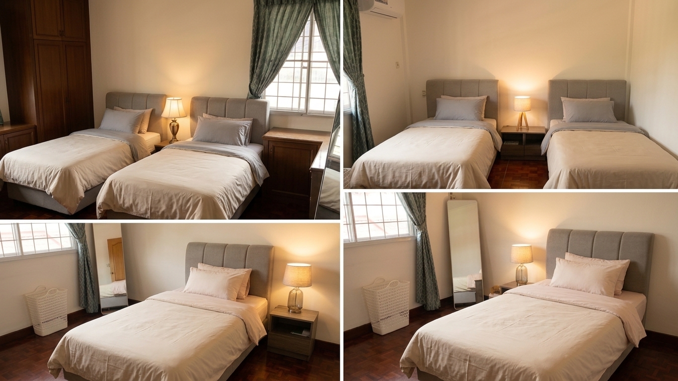 A collage showing comfortable twin and single resident bedrooms