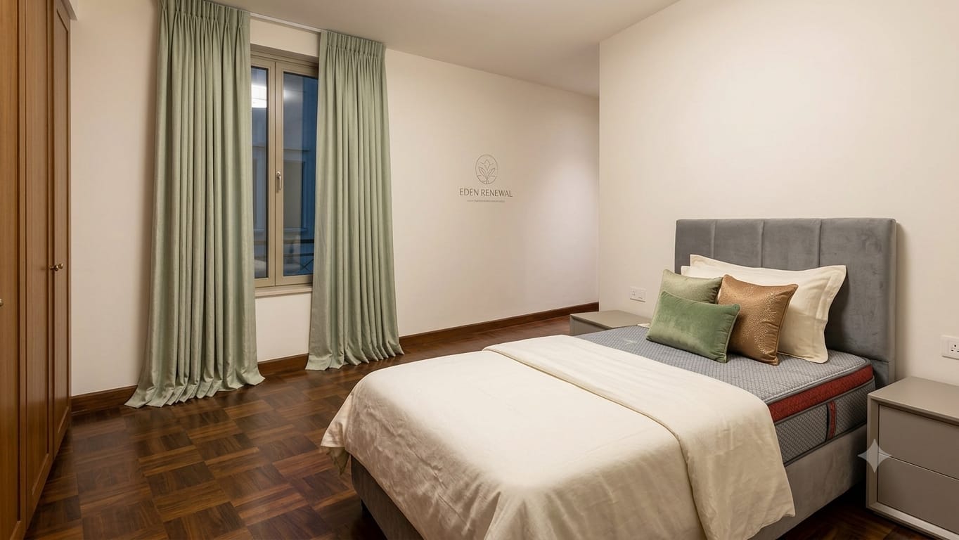 A private resident room with soft green curtains and hardwood floors