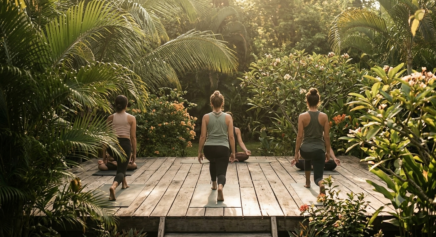 Residents practising morning yoga on a wooden deck surrounded by tropical garden