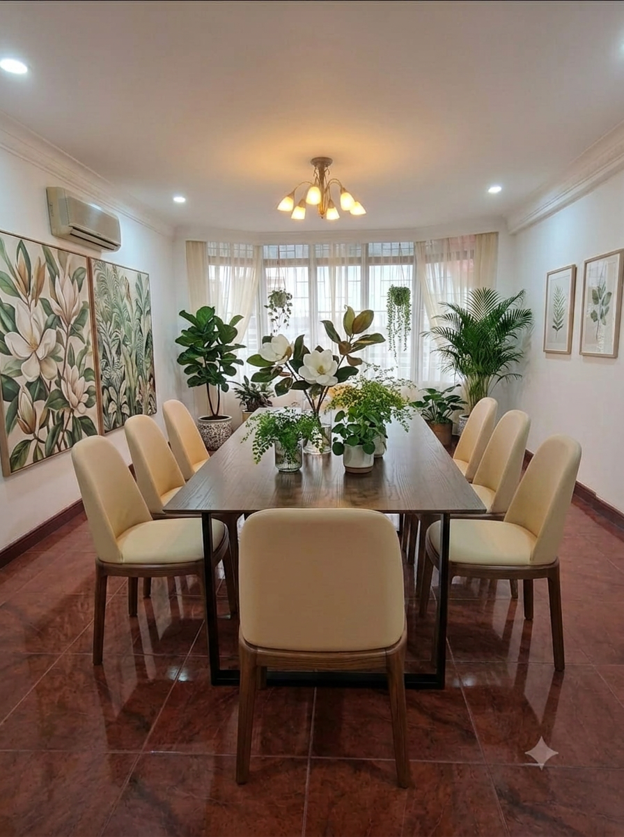 The residence dining hall with a long wooden table and tropical plants